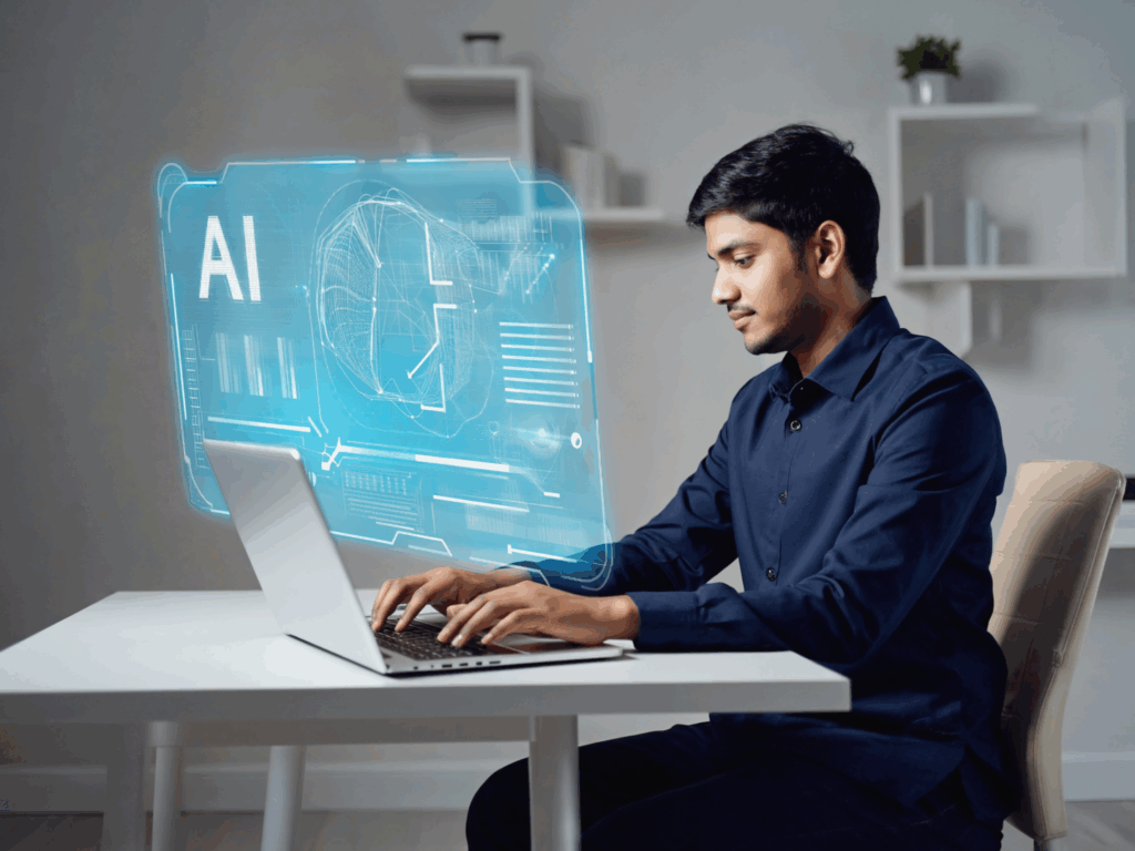Man working on a notebook computer in an office, using AI to boost his productivity